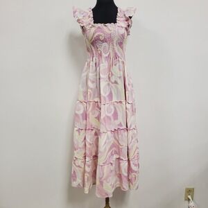 Hill House Womens Ellie Nap‎ Tiered Linen Midi Dress Size XS Pink Milkmaid Y2K